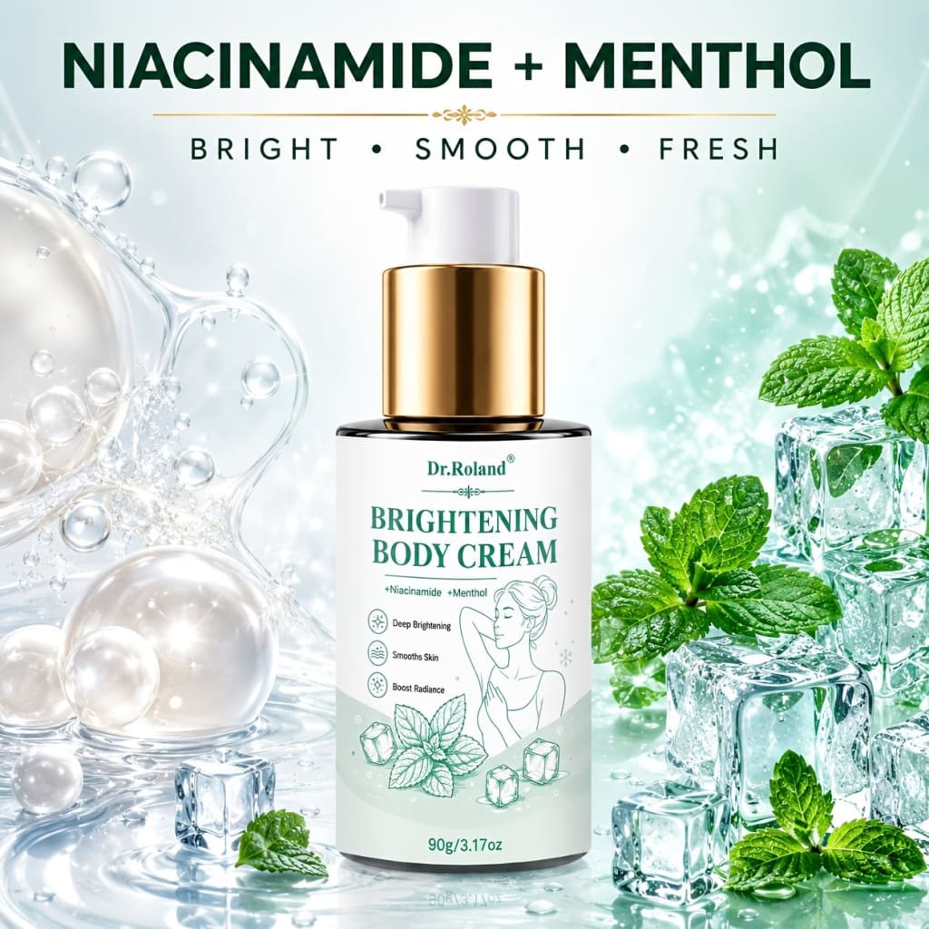 Dr. Roland Brightening Body Cream jar showing niacinamide and menthol ingredients for dark underarm brightening
